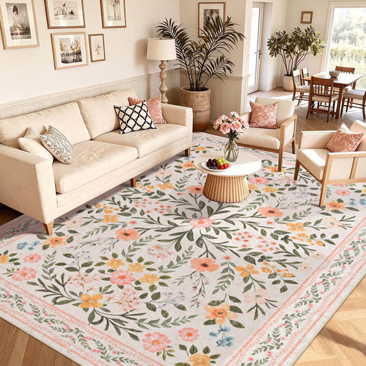 Bleum Cade 8'x10' Area Rugs for Living Room,Washable Pink Floral Rugs for Bedroom Girls, Boho Vintage Faux Wool Ultra-Thin Soft Non Slip Carpets for Dorm Reading Nursery Room Classroom