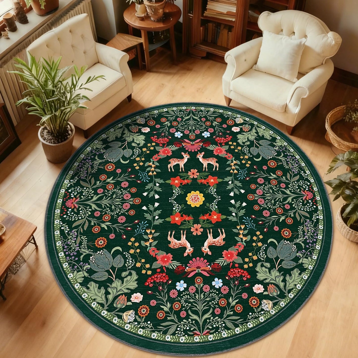 Bleum Cade Round Rugs 6ft Floral Area Rug for Living Room Green Washable Rug Non Slip Soft Low Pile Faux Wool Botanical Throw Rugs for Bedroom, Dining Room, Nursery, Home Decor