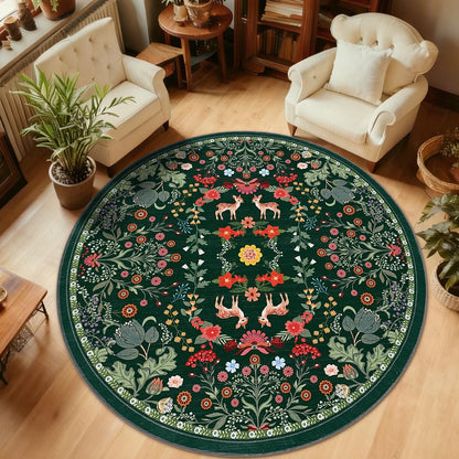 Bleum Cade Round Rugs 6ft Floral Area Rug for Living Room Green Washable Rug Non Slip Soft Low Pile Faux Wool Botanical Throw Rugs for Bedroom, Dining Room, Nursery, Home Decor