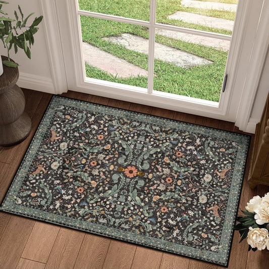 Bleum Cade 2'x3' Dark Boho Floral Washable Small Rug, Vintage Non Slip Stain Resistant Low Pile Welcome Mat, Indoor Entryway Doormat for Hallway, Kitchen, Bathroom, Bedroom