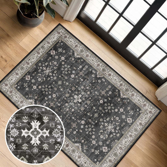 Bleum Cade Area Rug 2'x3' Entryway Rug,Dark Gray Vintage Machine Washable Door Mat Indoor Outdoor,Ultra Soft Low Pile Non Slip Doormat for Kitchen Bathroom Patio Farmhouse Decor