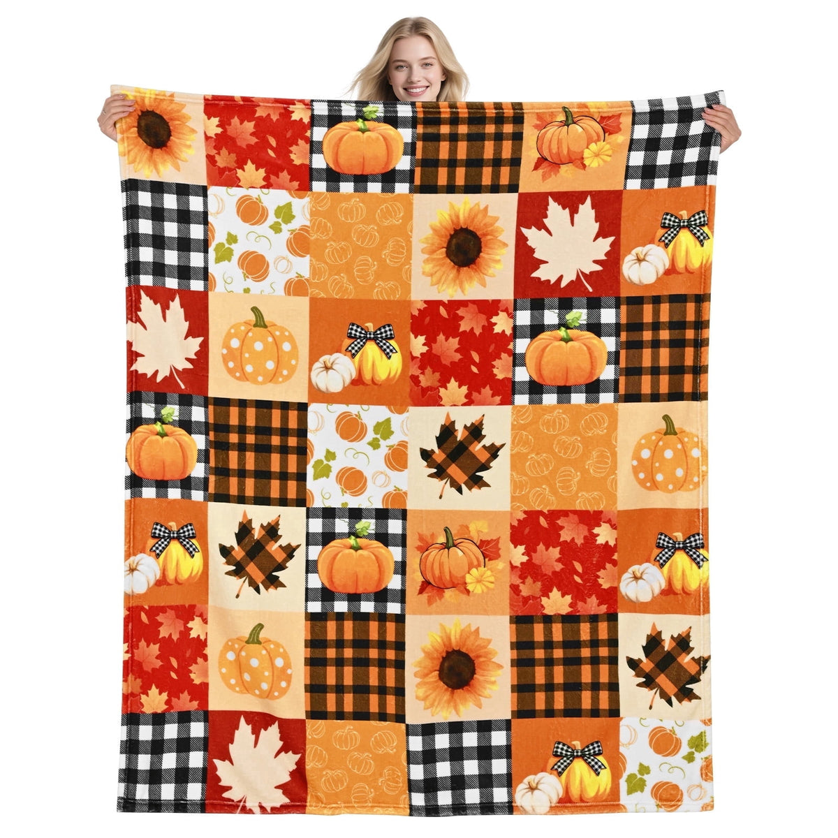 BLEUM CADE Fall Throw Blanket,Pumpkin Maple Leaves Plaid Blanket,Super Soft Flannel Throw Blankets for Bed Couch Sofa 50"x60"