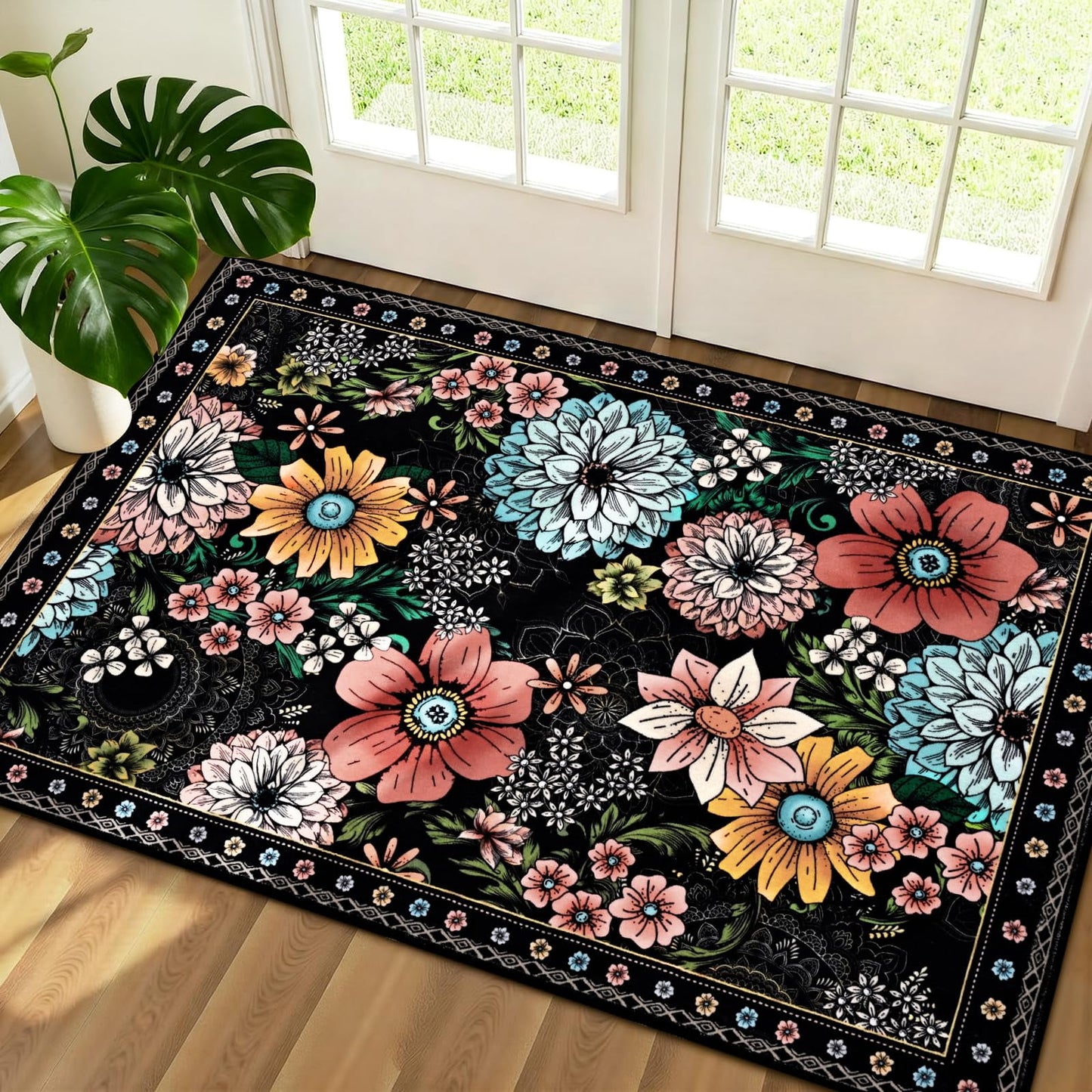 Bleum Cade Door Mat Indoor Entrance 2x3,Boho Floral Area Rug, Washable Rug for Entryway, Soft Faux Wool Indoor Throw Rugs for Kitchen, Laundry, Entry, Black