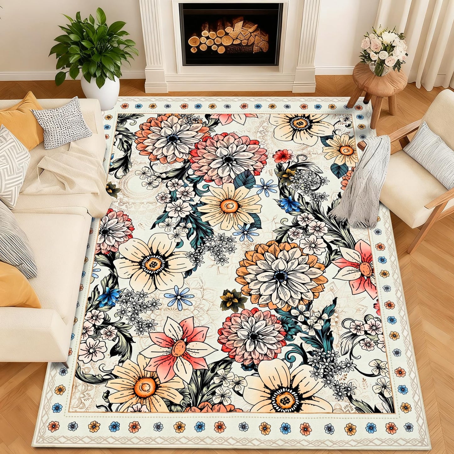 Bleum Cade Floral Area Rug for Living Room 5x7, Boho Washable Rug, Soft Faux Wool Indoor Rug Carpet for Living Room Bedroom, Black