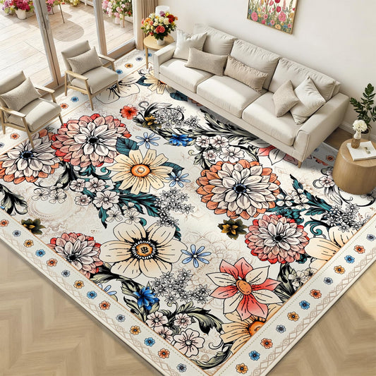 Bleum Cade Floral Area Rugs for Living Room 8x10, Boho Washable Rug, Soft Low Pile Faux Wool Non Slip Indoor Rug Carpet for Bedroom, Dining Room,White