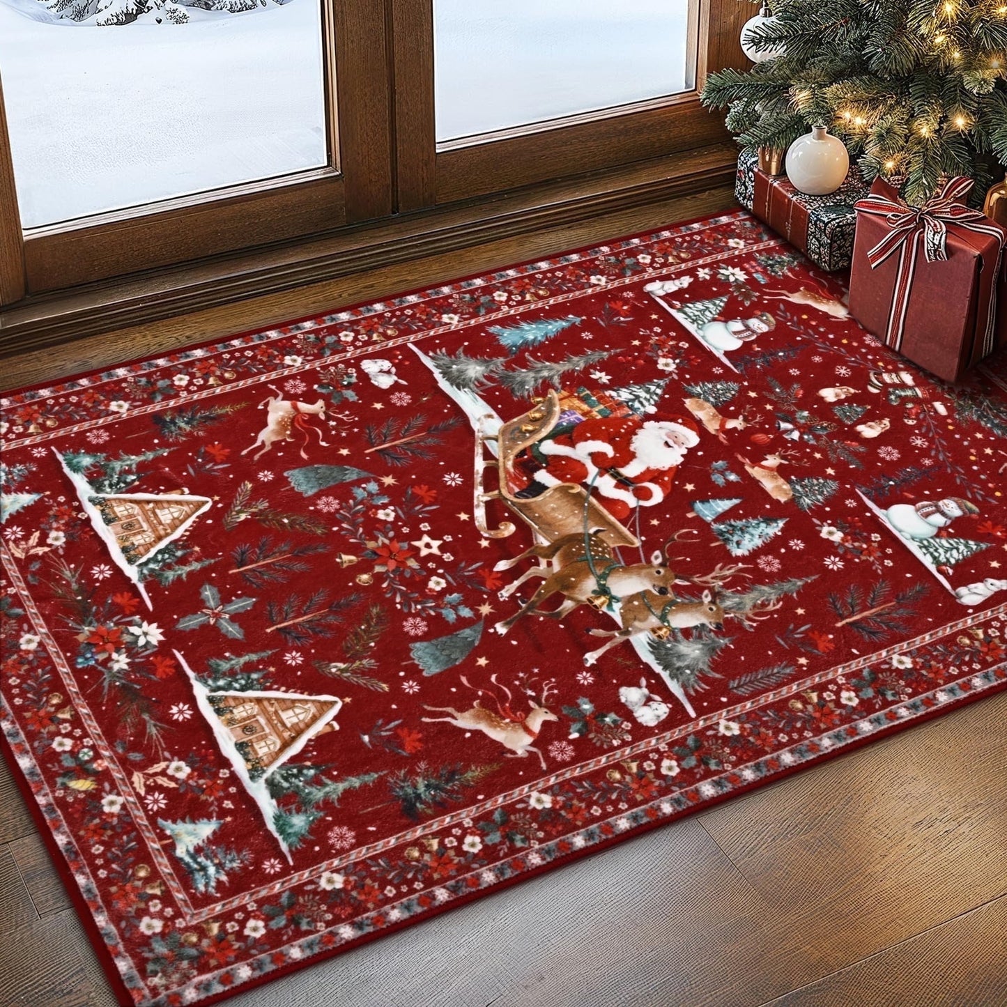 Bleum Cade Christmas Area Rugs 2x3,Santa Claus Non Slip Washable Entryway Rug, Winter Red Door Mat Outdoor Indoor,Soft Faux Wool Low Pile Welcome Mat for Entrance,Christmas Decorations