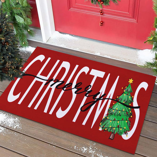 Bleum Cade Christmas Door Mat Winter Outdoor doormat,Non-Slip Christmas Tree Welcome Mat, Red,18" x 30"