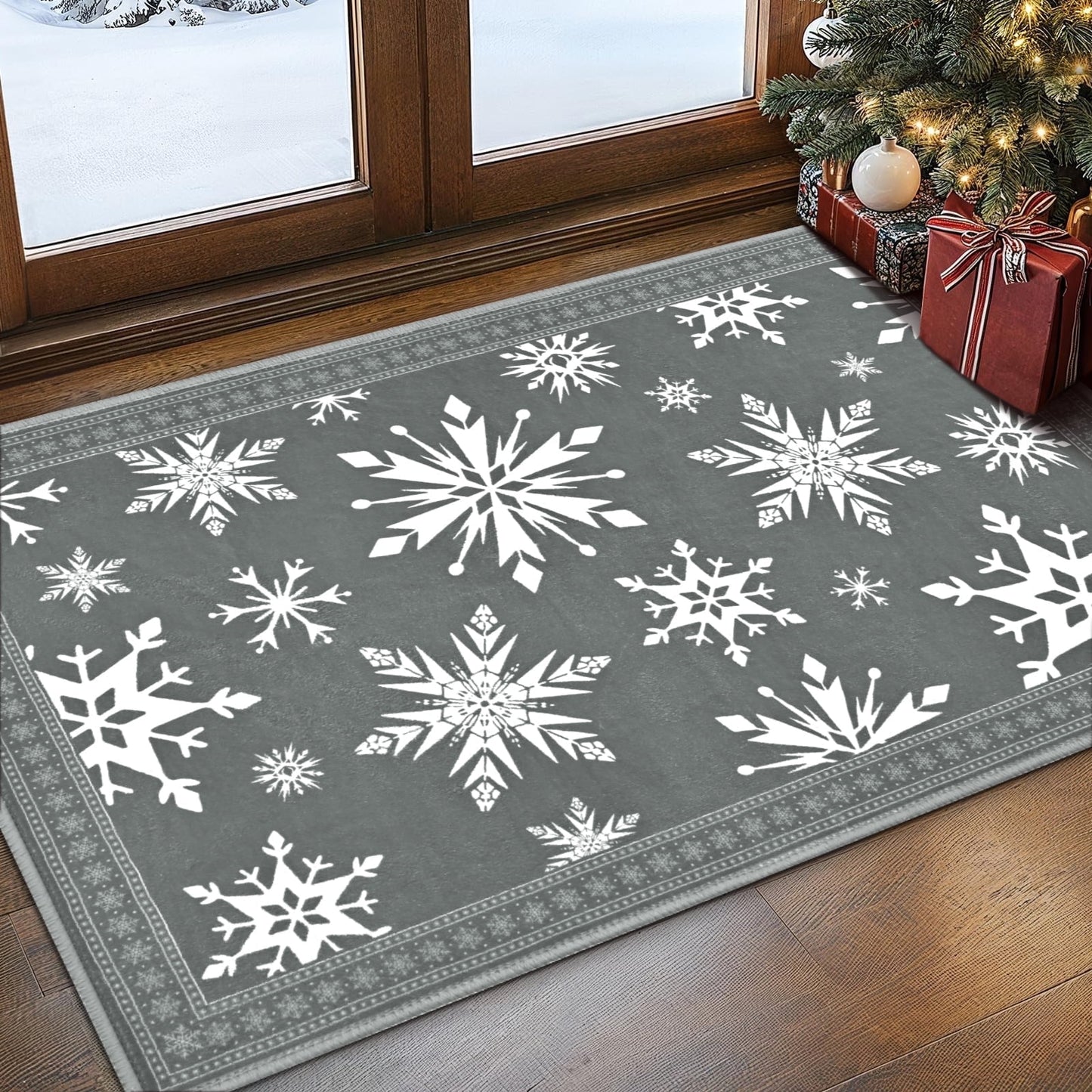 Bleum Cade Christmas Snowflake Area Rugs 2x3 Door Mat, Non Slip Washable Entryway Rug Outdoor Indoor Xmas Santa Welcome Mat for Entrance,Red