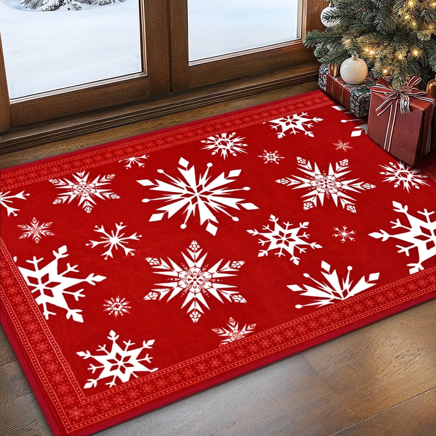 Bleum Cade Christmas Snowflake Area Rugs 2x3 Door Mat, Non Slip Washable Entryway Rug Outdoor Indoor Xmas Santa Welcome Mat for Entrance,Red