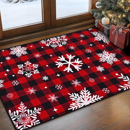 Bleum Cade Christmas Snowflake Area Rugs 2x3 Entryway Rug, Grey Buffalo Plaid Non Slip Washable Door Mat,Outdoor Indoor Welcome Mat for Entrance,Christmas Decorations