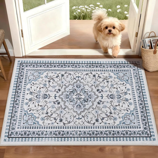 Bleum Cade Doormat Boho Area Rug 2x3, Machine Washable Small Low Pile Non Slip Entryway Rug, Floral Vintage Carpet for Entrance Kitchen Bedroom, Blue