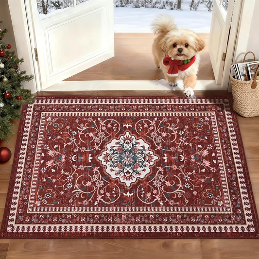 Bleum Cade Doormat Boho Area Rug 2x3, Machine Washable Small Low Pile Non Slip Entryway Rug, Floral Vintage Carpet for Entrance Kitchen Bedroom, Red