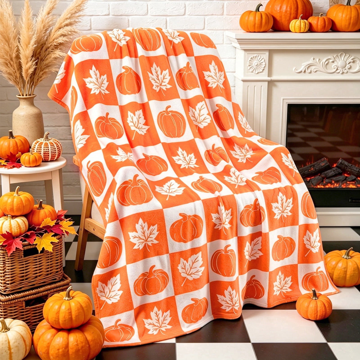BLEUM CADE Fall Throw Blanket,Pumpkin Maple Leaves Plaid Blanket,Super Soft Flannel Throw Blankets for Bed Couch Sofa 50"x60"