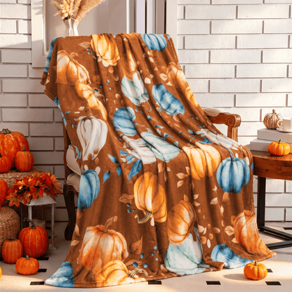 BLEUM CADE Fall Throw Blanket,Pumpkin Maple Leaves Plaid Blanket,Super Soft Flannel Throw Blankets for Bed Couch Sofa 50"x60"