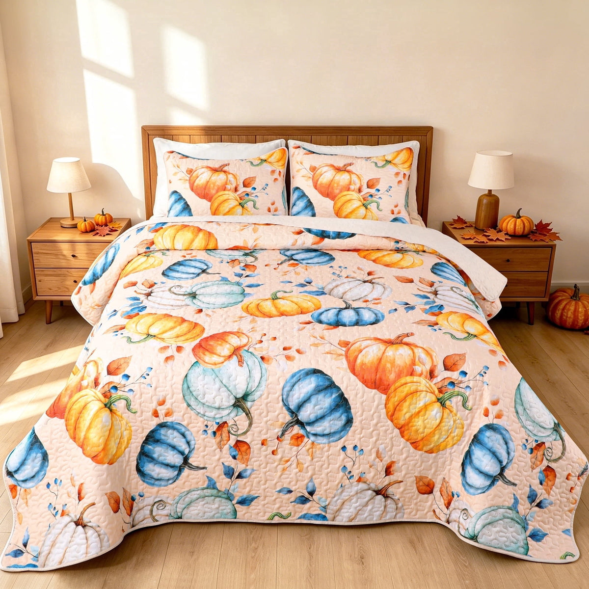 BLEUM CADE 3 Pieces Fall Quilt Set King Size, Thanksgiving Pumpkin Maple Leaves Plaid Bedding Set , Soft Lightweight Bedspread Coverlet Set King