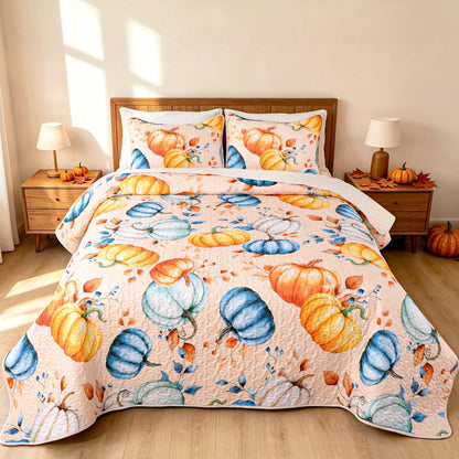 Bleum Cade Fall Quilt Set 3 Pieces King Size, Thanksgiving Blue & Yellow Pumpkins Bedding Set,Soft Lightweight Coverlet Set for King Bed,(Off-white,90"x 104")