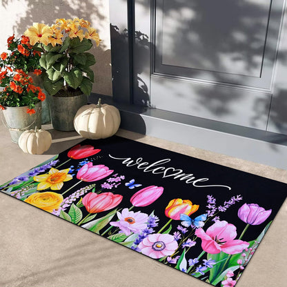 BLEUM CADE Spring Welcome Mat Floral Non Slip Outdoor Doormats,Tulip Low Profile Door Mat for Front Entrance & Outside Patio,18" x 30"