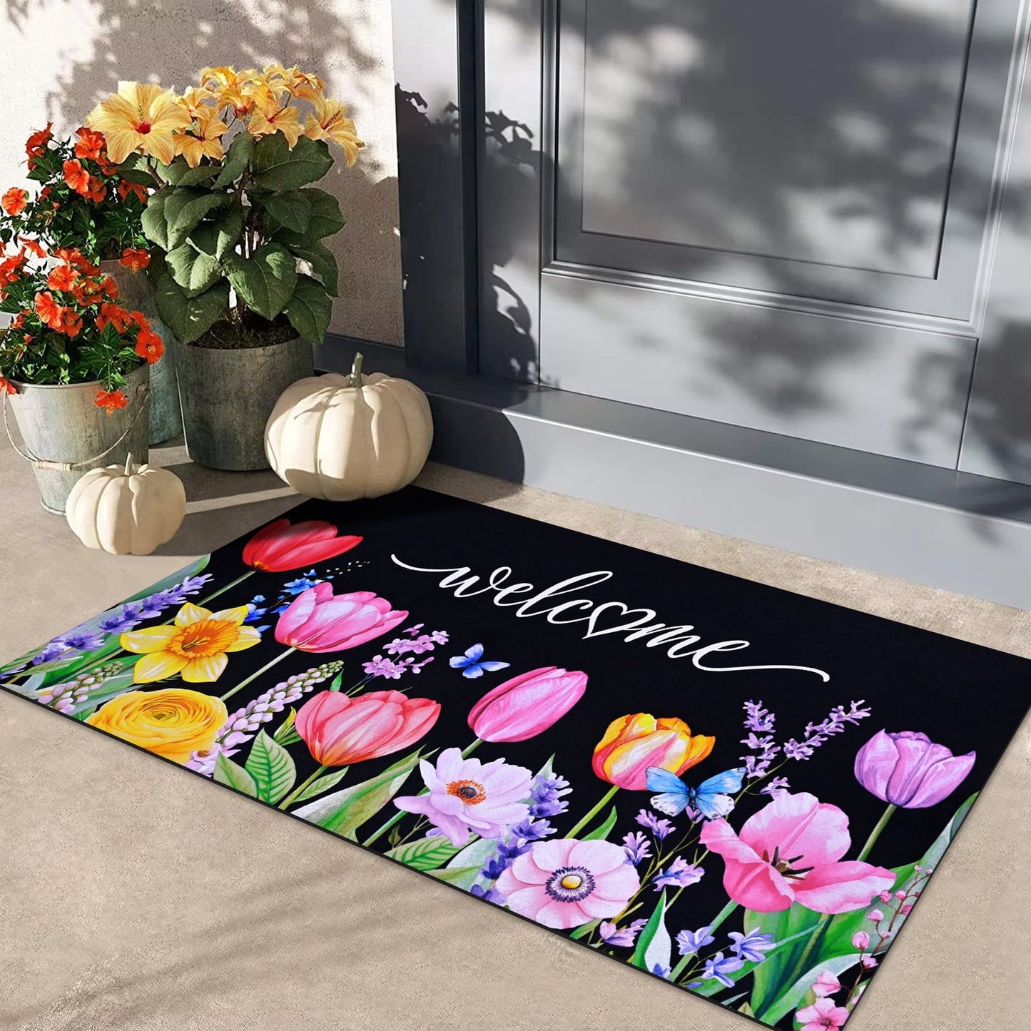 BLEUM CADE Spring Door Mat Low Profile Welcome Mat,Non Slip Rubber Backing Outside Door Mats Black Floral for Front Door,Patio,Entryway,18" x 30"