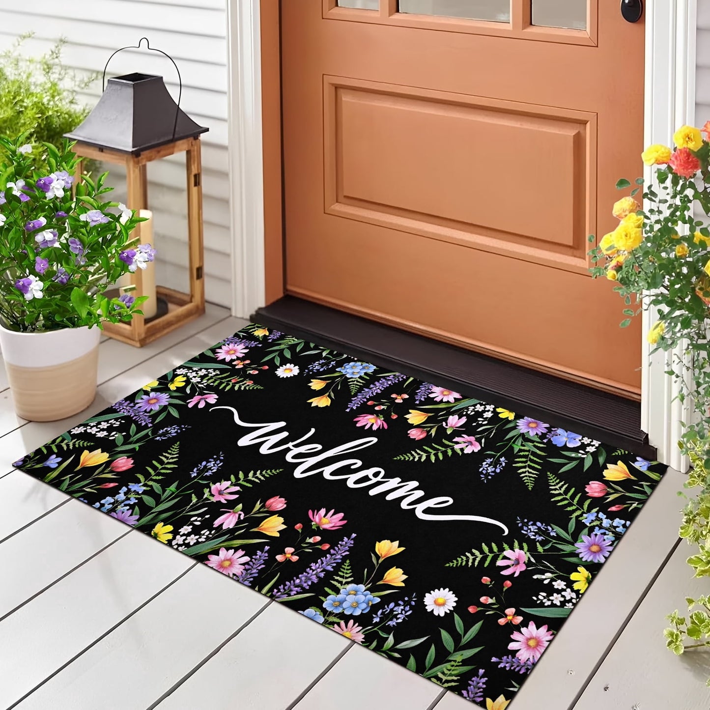 BLEUM CADE Spring Door Mat Low Profile Welcome Mat,Non Slip Rubber Backing Outside Door Mats Green Floral for Front Door,Patio,Entryway,18" x 30"
