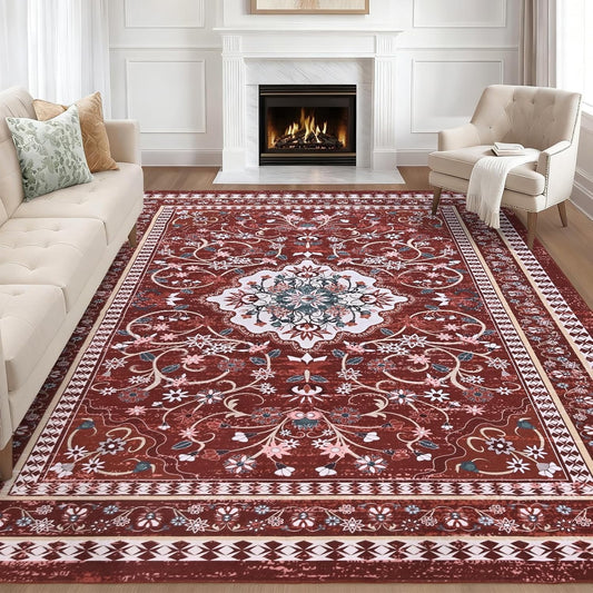 Bleum Cade Large Area Rug for Living Room, 5x7 Machine Washable Boho Rug for Bedroom, Soft Low Pile Non Slip Boho Dining Room Rug, Floral Vintage Floor Carpet for Bedroom Home Office,Red