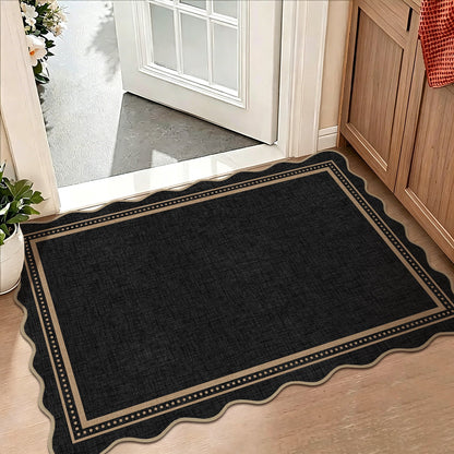 Bleum Cade Scalloped Entryway Rug 2'x 3', Washable Rug Solid Black Non Slip Door Mat Indoor,Soft Low Pile Ultra-Thin Stain‑Resistant Carpet for Kitchen,Hallway,Dorm