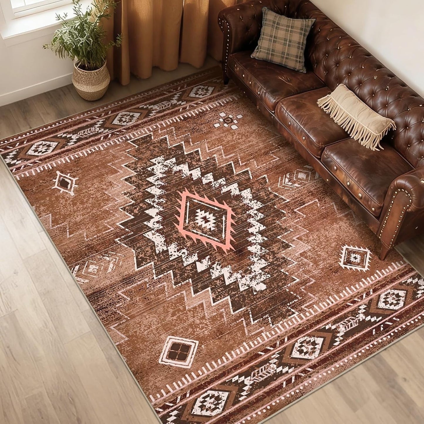 Bleum Cade Western Rugs for Living Room 5x7 Area Rug, Moroccan Washable Rugs for Bedroom, Non-Slip Boho Indoor Rug, Soft Low Pile Stain Resistant Geometric Floor Large Carpet Home Decor,Brown