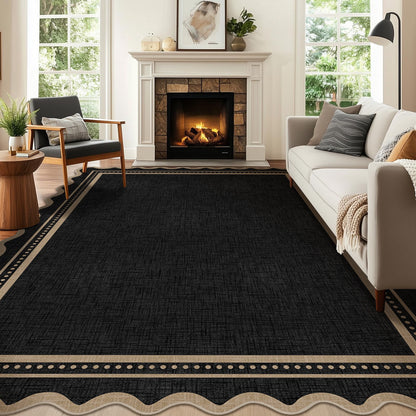 Bleum Cade Washable 8'x 10' Area Rugs for Living Room,Scalloped Solid Black Non Slip Rugs for Bedroom Dinning Room,Ultra Soft Stain‑Resistant Large Carpet for High Traffic Areas