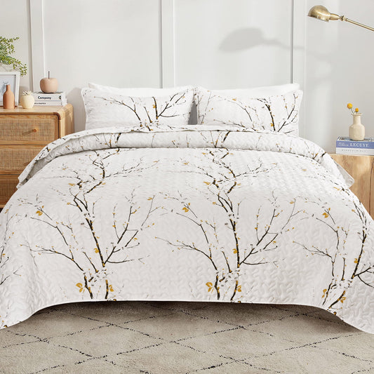 Bluem Cade Flower Quilt Set King Size,Lightweight 3 Pieces White Quilts Bedspread,Reversible Quilt Coverlets for All Season