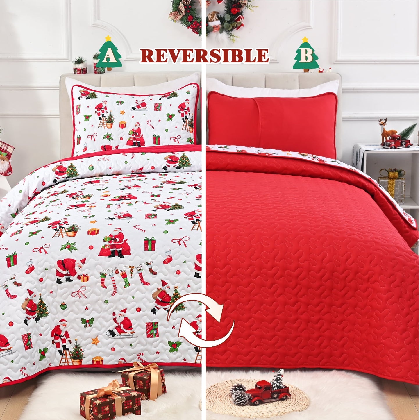 BLEUM CADE 3 Piece Christmas Quilt King Size, Christmas Tree and Santa Claus Quilts Bedding Set, Christmas Decor Soft Lightweight Bedspread Coverlet Set(1 Quilt, 2 Pillow Cases)