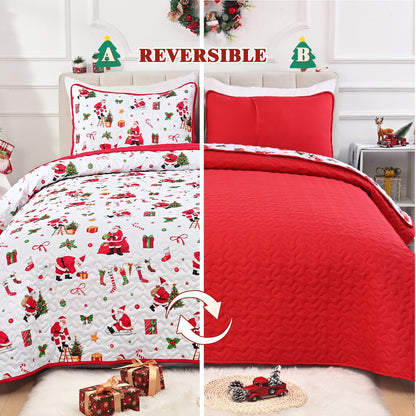 BLEUM CADE 3 Piece Christmas Quilt King Size, Christmas Tree and Santa Claus Quilts Bedding Set, Christmas Decor Soft Lightweight Bedspread Coverlet Set(1 Quilt, 2 Pillow Cases)