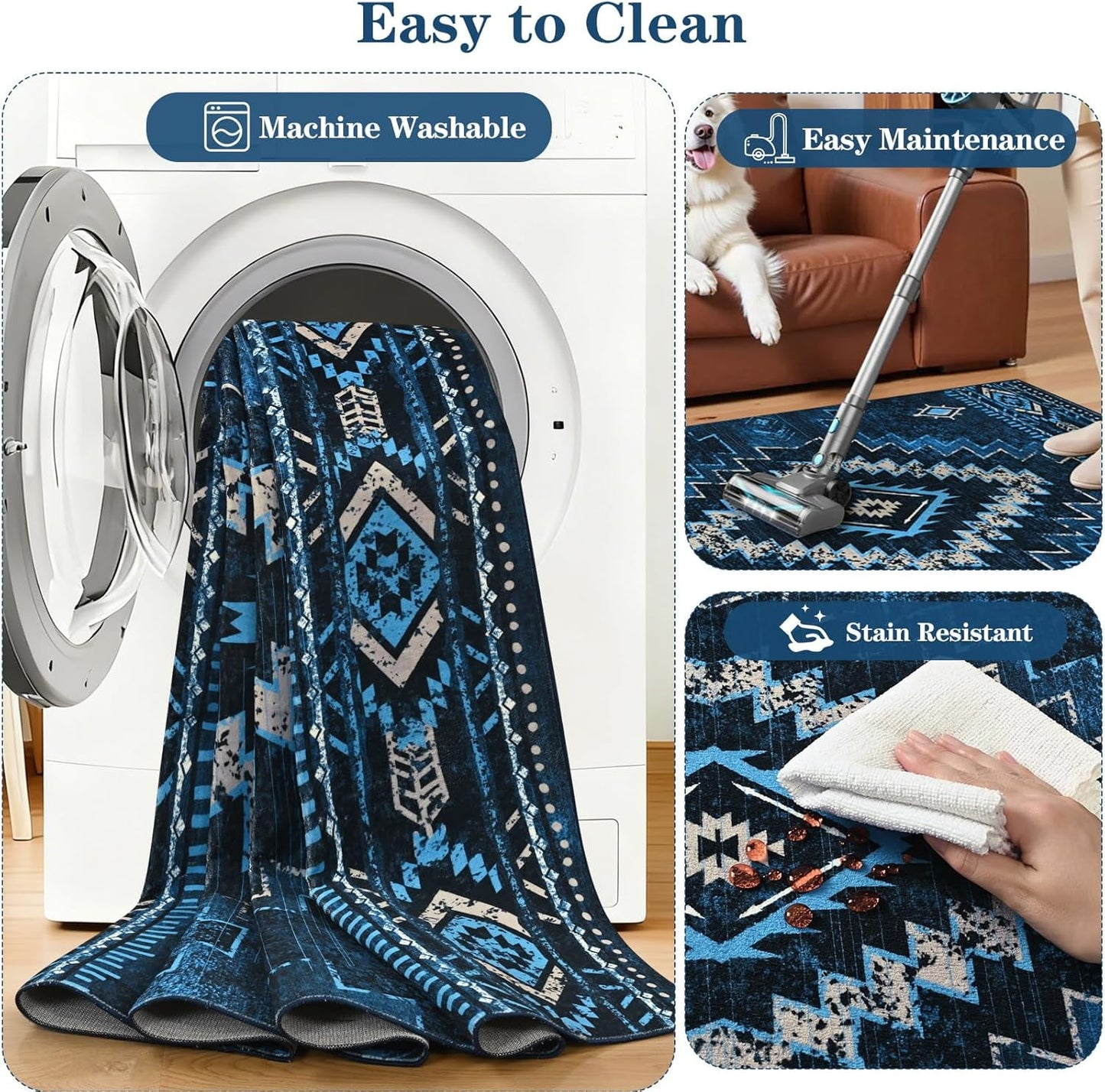 Bleum Cade Rugs for Living Room 5x7 Area Rug, Moroccan Washable Rugs for Bedroom, Non-Slip Boho Indoor Rug, Soft Low Pile Stain Resistant Geometric Floor Large Carpet Home Decor,Blue
