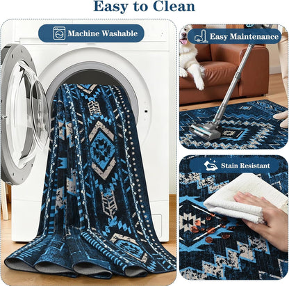 Bleum Cade Rugs for Living Room 5x7 Area Rug, Moroccan Washable Rugs for Bedroom, Non-Slip Boho Indoor Rug, Soft Low Pile Stain Resistant Geometric Floor Large Carpet Home Decor,Blue