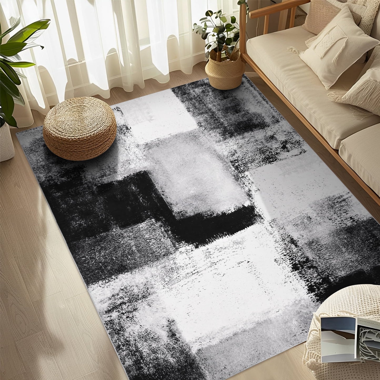 Bleum Cade 5x7 Abstract Area Rugs for Living Room, Modern Washable Rugs Non Slip Dining Room Rug, Soft Low Pile Bedroom Rug, Stain Resistant Indoor Rugs Carpet,Black