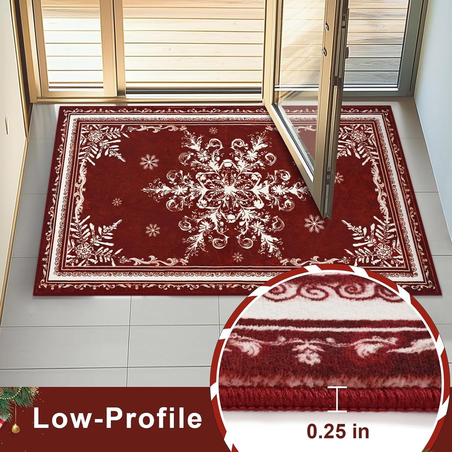 BLEUM CADE Christmas Snowflake Area Rugs 2x3 Door Mat, Non Slip Washable Entryway Rug Outdoor Indoor Welcome Mat for Entrance,Christmas Decorations,Red