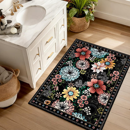 Bleum Cade Door Mat Indoor Entrance 2x3,Boho Floral Area Rug, Washable Rug for Entryway, Soft Faux Wool Indoor Throw Rugs for Kitchen, Laundry, Entry, Black