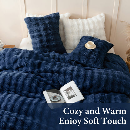 BLEUM CADE Fluffy Duvet Cover Set Twin Size,3 Pieces Soft Shaggy Rabbit Fluff Plush Bedding Comforter Cover Set with 2 Pillowcases,Navy Blue
