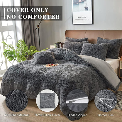BLEUM CADE Luxury Fluffy Fuzzy King Bedding Comforter Set，4 Pieces Shaggy Duvet Cover Set，Furry Plush Velvet Comforter Cover with Zip Closure，King，Dark Grey