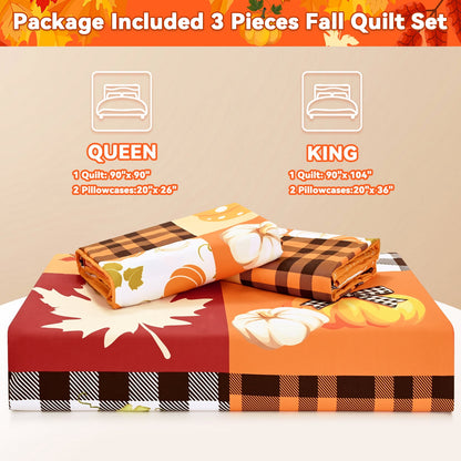 Bleum Cade 3 Piece Fall Duvet Cover Set King Size,Thanksgiving Pumpkin Maple Leaves Patchwork Lightweight Comforter Cover Set,Soft Cozy Bedding Cover for Home Decor(90"x 104")