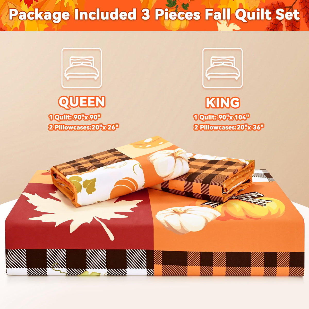 Bleum Cade 3 Piece Fall Duvet Cover Set Queen Size,Thanksgiving Pumpkin Maple Leaves Patchwork Lightweight Comforter Cover Set,Soft Cozy Bedding Cover for Home Decor(90"x 90")