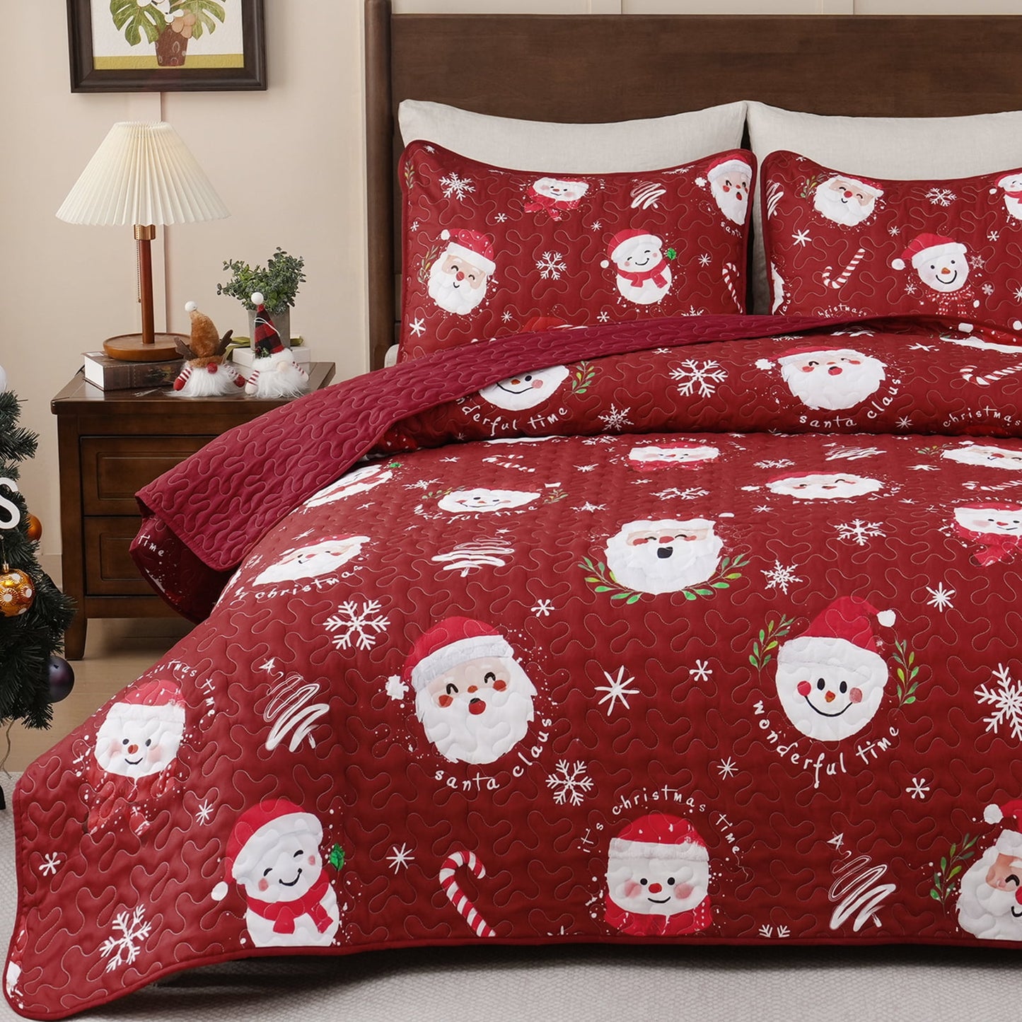 BLEUM CADE Christmas Quilts King Size 3 Piece, Santa Claus & Snowflake Quilt Bedding Set, Christmas Decor Soft Lightweight Bedspread Coverlet Set (1 Quilt, 2 Pillow Cases)
