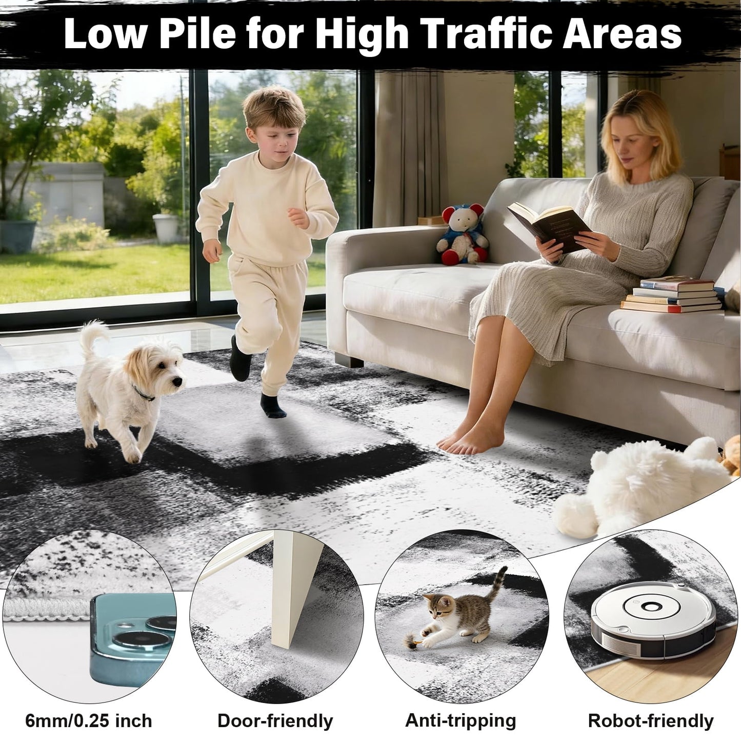 Bleum Cade 8x10 Large Area Rugs for Living Room, Modern Abstract Washable Rugs Non Slip, Bedroom Rug Soft Stain Resistant, Indoor Rugs Low Pile Carpet for Dining Room,Black