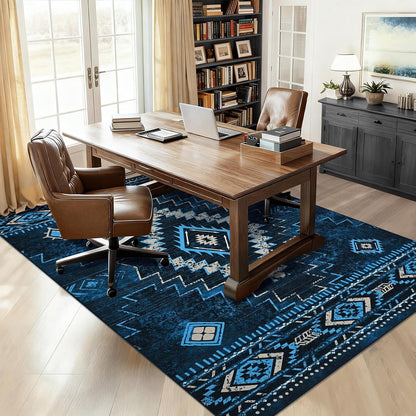 Bleum Cade Rugs for Living Room 5x7 Area Rug, Moroccan Washable Rugs for Bedroom, Non-Slip Boho Indoor Rug, Soft Low Pile Stain Resistant Geometric Floor Large Carpet Home Decor,Blue
