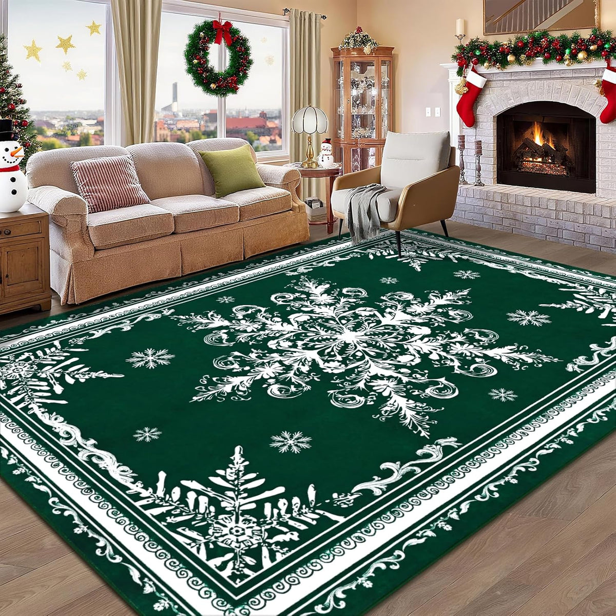 BLEUM CADE Christmas Snowflake Area Rugs 8'x10' for Living Room, Washable Rugs for Bedroom Dinning Room,Ultra Soft Non Slip Durable Large Carpet Christmas Decorations,Green