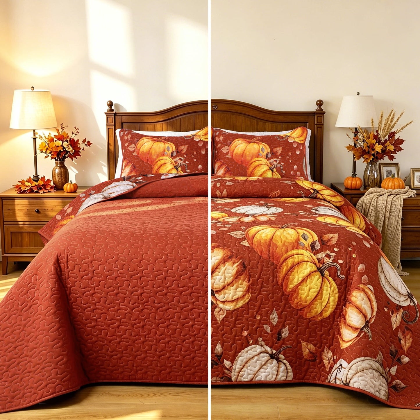 Bleum Cade 3 Pieces Fall Pumpkin King Quilt Set,Autumn Harvest Maple Leaves Bedding Set,Soft Lightweight Thanksgiving Decor Coverlet Set for King Bed,(Brown,90"x 104")