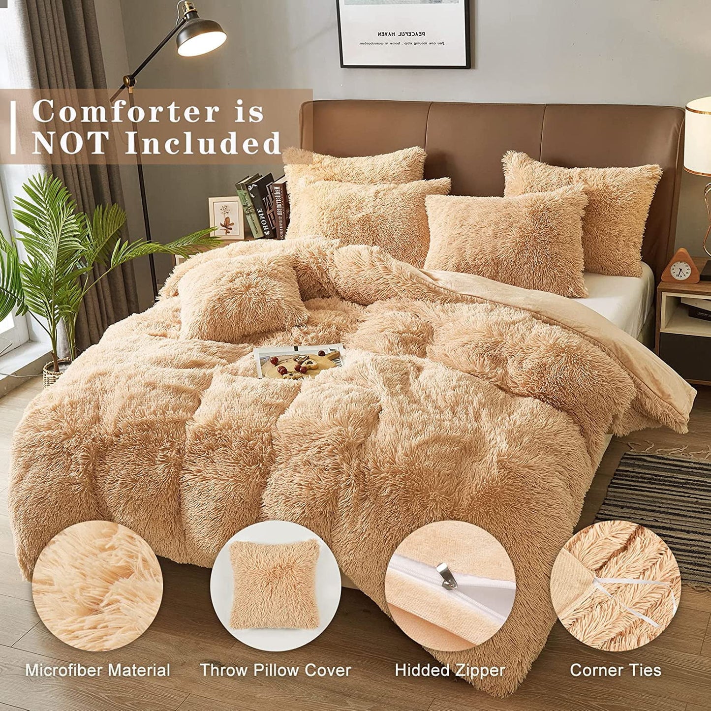 BLEUM CADE Luxury Fluffy Fuzzy King Bedding Comforter Set,4 Pieces Shaggy Duvet Cover Set,Furry Plush Velvet Comforter Cover with Zip Closure,Queen,Camel