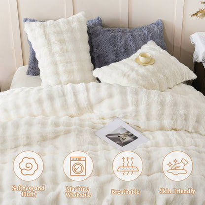 BLEUM CADE Faux Fur Comforter Set Queen Size Off-White,3 Piece Fluffy Fuzzy Soft Bedding Set,Shaggy Comforter with 2 Pillowcases