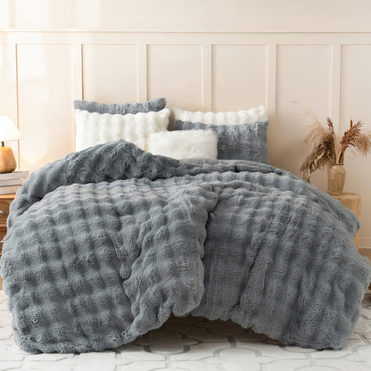 BLEUM CADE Fluffy Comforter Set Queen Size,Faux Fur Luxury Fuzzy Bedding Sets Light Gray,Shaggy Plush Duvet Cover Set with 2 Pillowcases