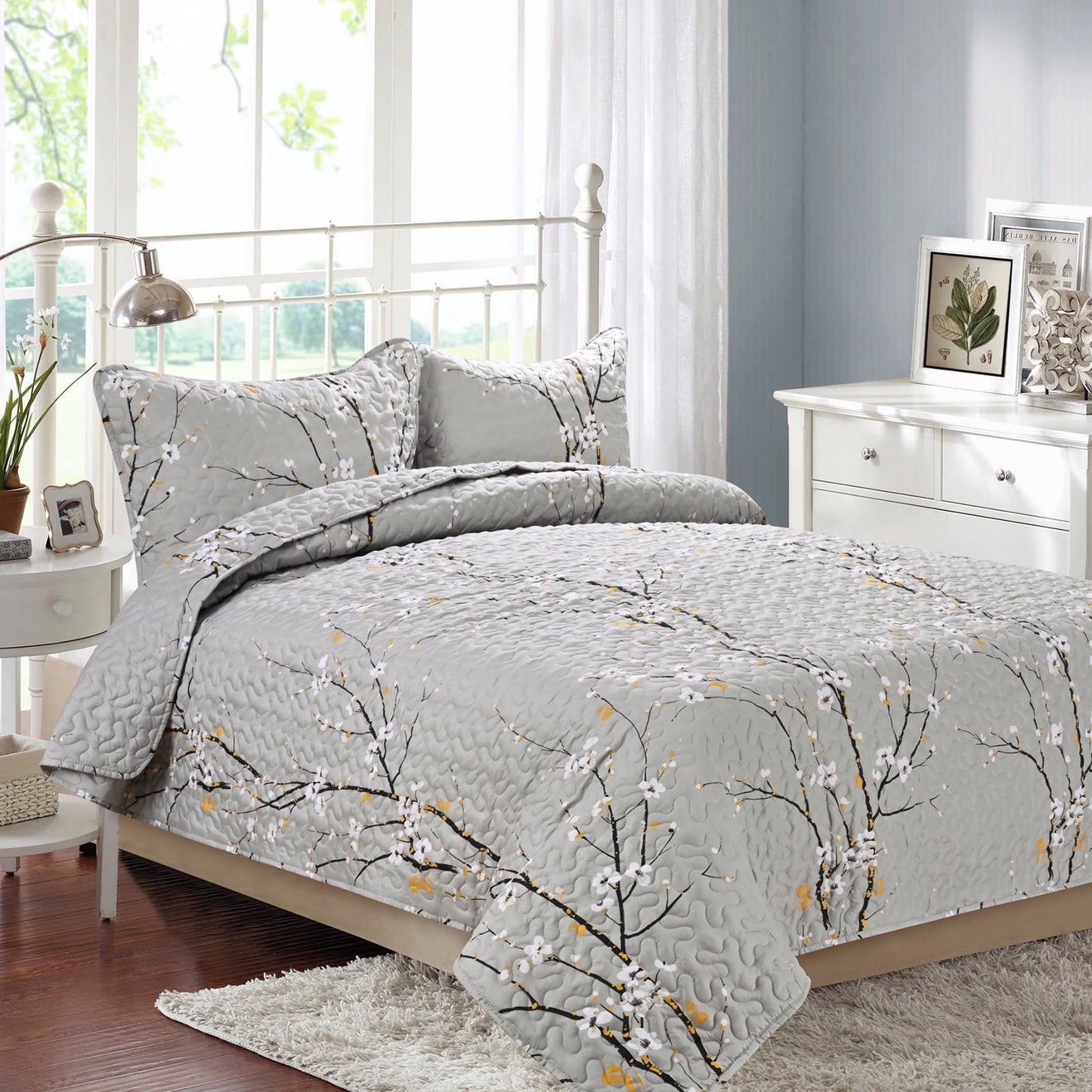 Bluem Cade Flower Quilt Set Twin Size,Lightweight 3 Pieces Gray Quilts Bedspread,Reversible Quilt Coverlets for All Season