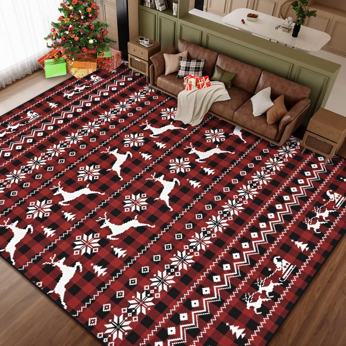 BLEUM CADE Christmas Area Rugs 8x10, Buffalo Plaid Rugs for Living Room, Red Reindeer Washable Rug Low Pile, Snowflake Bedroom Rug Non Slip, Soft Faux Wool Throw Carpet for Christmas Decorations