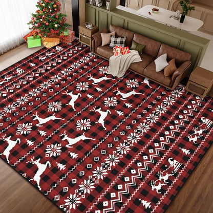 BLEUM CADE Christmas Area Rugs 8x10, Buffalo Plaid Rugs for Living Room, Red Reindeer Washable Rug Low Pile, Snowflake Bedroom Rug Non Slip, Soft Faux Wool Throw Carpet for Christmas Decorations
